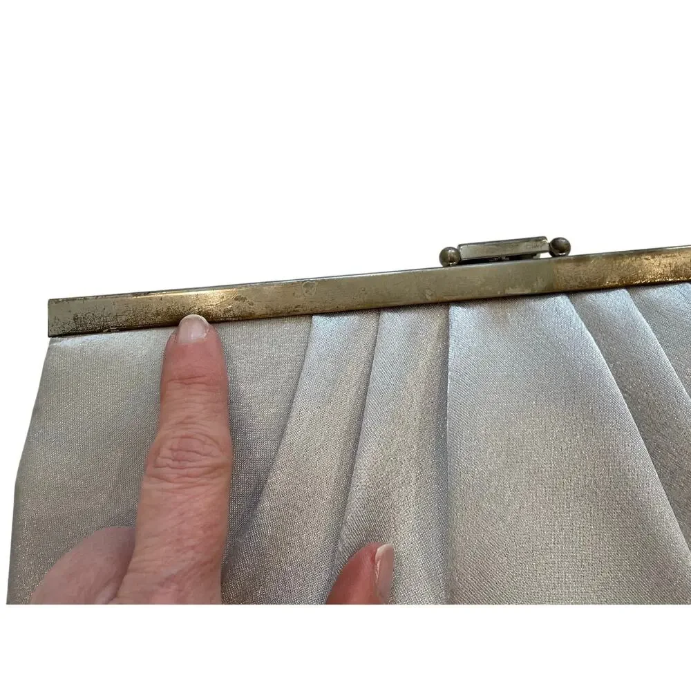 Jessica McClintock Silver Satin Clutch, Evening Clutch, Drop Chain, Clasp